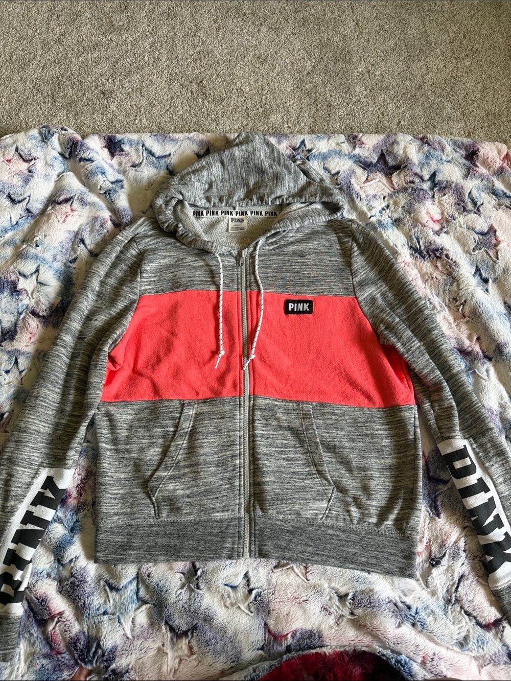 PINK Victoria's Secret Gray and Coral Zip-Up Hoodie
